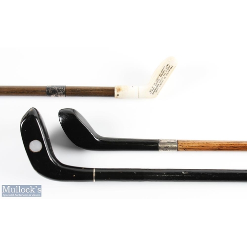 576 - 3x Mallet styled Golf Sunday Walking Sticks a left hand model inscribed 'As presented to James long ... 