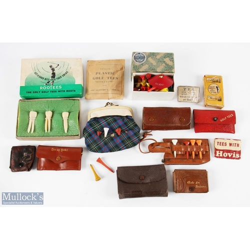 655 - Collection of Vintage Wooden Golf Tees + leather golf tee wallets to include a tartan golf purse, ai... 