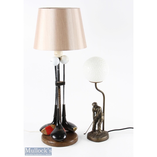 657 - 2 x Golf Themed Lamp Bases, a bronze effect golf figure with golf ball domed glass shade 17