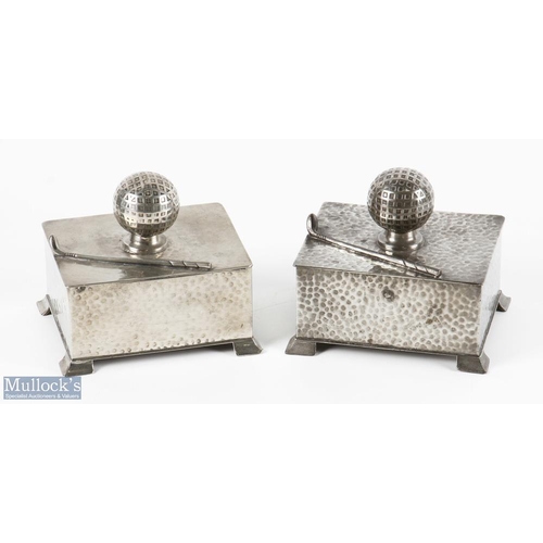 658 - A Pair of Civic Pewter Arts & Crafts Golf Cigarette Cases with mesh golf ball and golf club decorati... 