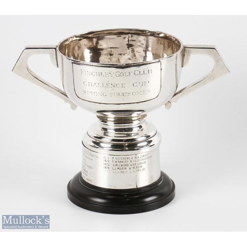 671 - Finchley Golf Club Challenge Cup Spring Foursomes twin handled Trophy with indistinct Chester hallma... 