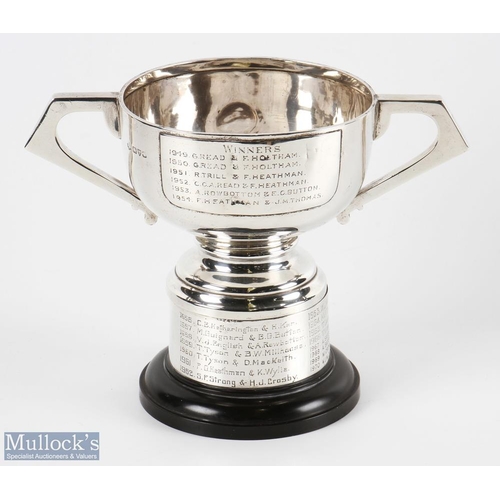 671 - Finchley Golf Club Challenge Cup Spring Foursomes twin handled Trophy with indistinct Chester hallma... 