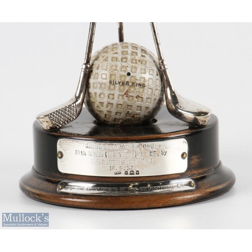 674 - 1932 Silvertown 'Hole in One' Silver Trophy having 3x golf clubs mounted on wooden base with Silver ... 