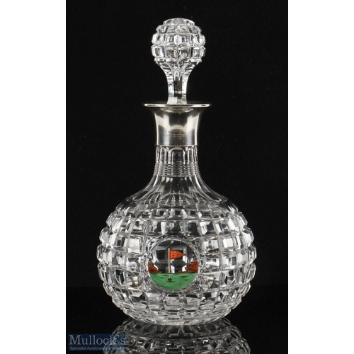 678 - Silver Collared Cut Glass Decanter with Enamelled 19th Hole Design Roundel square cut glass decanter... 