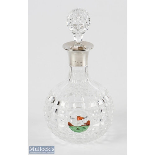 678 - Silver Collared Cut Glass Decanter with Enamelled 19th Hole Design Roundel square cut glass decanter... 