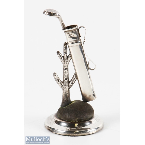 681 - Silver Novelty Golf Club and Bag Hat Pin Stand and Ring Tree hallmarked Birmingham 1909 with makers ... 