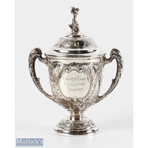 683 - Silver Ladies Golf Challenge Trophy Cup and Cover having overall ornate decoration with inscription ... 