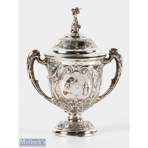 683 - Silver Ladies Golf Challenge Trophy Cup and Cover having overall ornate decoration with inscription ... 