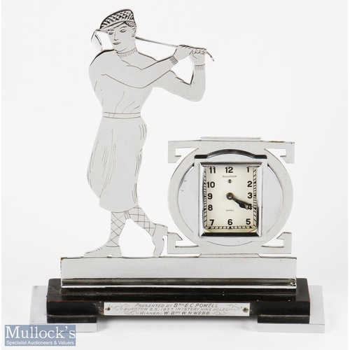 685 - Art Deco Jaeger LeCoultre Chromed Clock in the form of Golfer on angular base with inscription plaqu... 