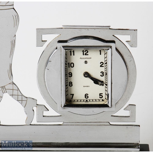 685 - Art Deco Jaeger LeCoultre Chromed Clock in the form of Golfer on angular base with inscription plaqu... 