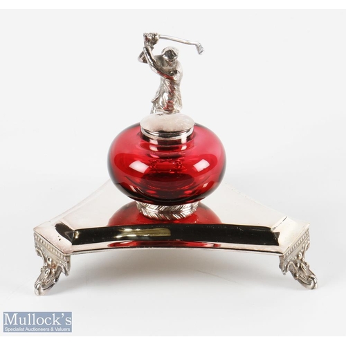 686 - Silver Plated Desk Stand Ink Well silver plated stand with mid swing golfer, all on 3 feet, with a l... 