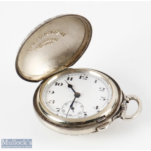 693 - Silver plated Dunlop style pocket watch - with square mesh pattern casing with front and back hinged... 