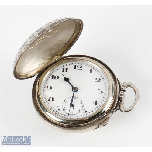 693 - Silver plated Dunlop style pocket watch - with square mesh pattern casing with front and back hinged... 