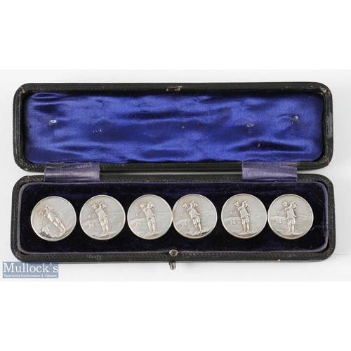 694 - Early 20th century cased set of 6 White Metal Buttons each having a period golfer relief design to f... 