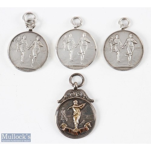 696 - Hallmarked Silver Sporting Medals (4) - one by Fattorini with gold faced period golfer design, with ... 