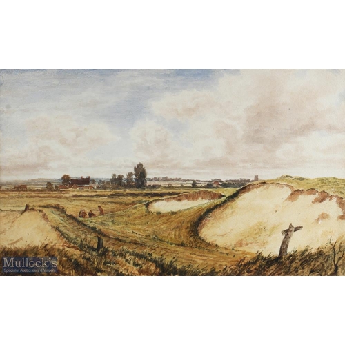 351 - Fine early watercolour possibly Hunstanton Golf Links and Golfers with Holm Church in the background... 