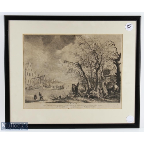 365 - Early 18th c Dutch Kolf Winter River Scene Engraving by P Wouvermens dated 1739 and titled L'Hyver -... 