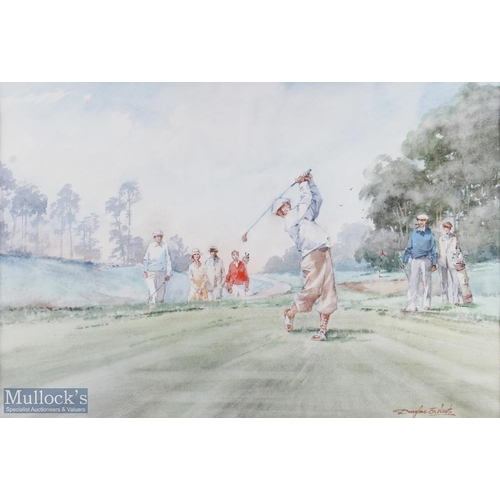 379 - Douglas E West colour golf print of Golfers, Caddies and Lady on the Tee - image 15x 21.5