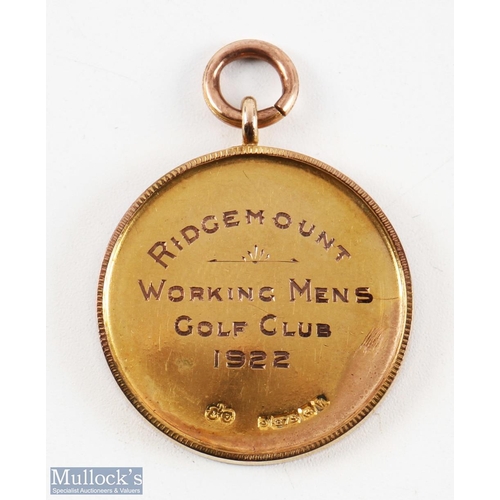 452 - 1922 Ridgemount Working Mens Golf Club 9ct Gold Medal embossed golfer to obverse, engraved to revers... 