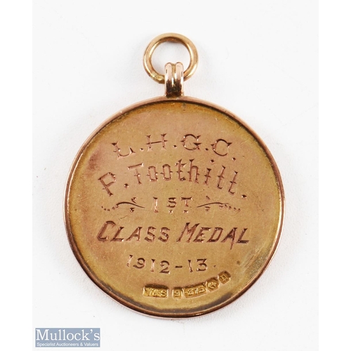 459 - 1912-13 'LHGC' 1st Class 9ct Gold Golf Medal awarded to 'P Toothill', embossed golf figure to obvers... 