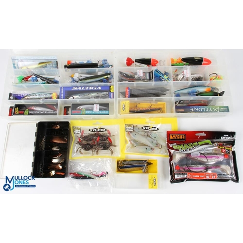 117 - A collection of large Artificial baits, some boxed: rubber shads, spoons, lures, weights, floats, sp... 