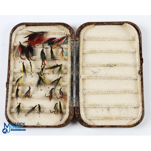 327 - Vintage Neroda Fly Box with mottled brown finish exterior, with a small selection of flies inside, n... 