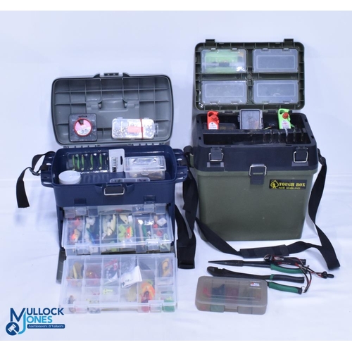2x Plastic Fishing Tackle Boxes and Accessories, a Tough Box by Ace Angling  with shoulder strap, a p