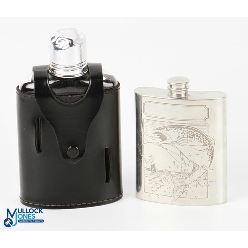 1175 - 2x Fishing / Hunting Hip Flasks - a pewter flash with a fishing scene, plus a leather clad flask (ca... 