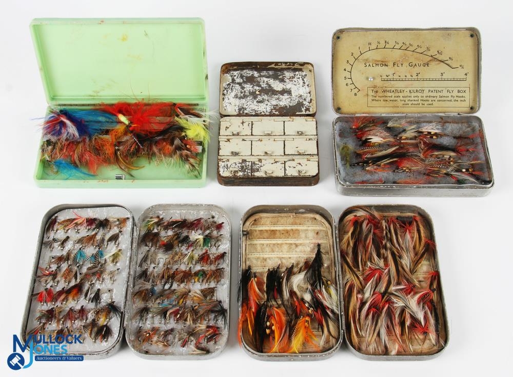 A collection of fly tins with flies, comprising: Wheatley slim alloy Kilroy  Patent fly box, 6 x 3.5