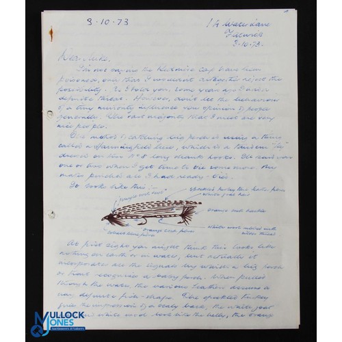 1169 - 2x 1973 Richard Walker Illustrated Letters and Hand Tied Flies, correspondence from 1973 with an ins... 