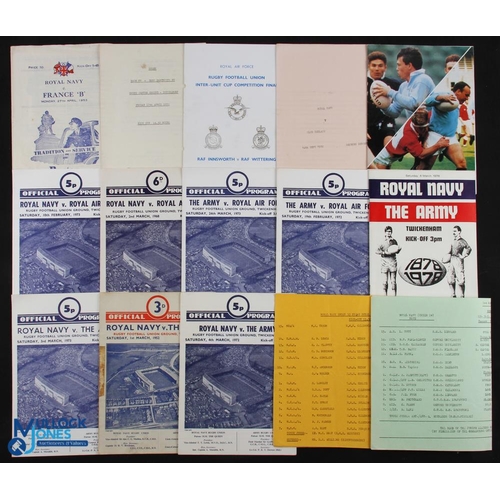 101 - UK Services Selection: Rugby Programmes (15): Navy v Army 1952, 72, 73 & 78; Army v RAF 1972 & 73; N... 