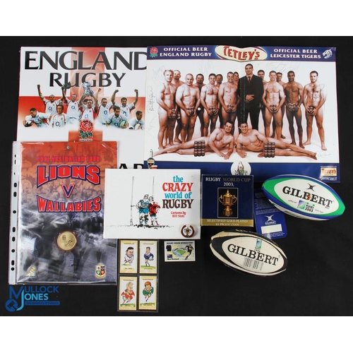 108 - Rugby Miscellany (10): RWC mini Rugby Balls 1999& 2003; unopened 2004 England post-RWC win calendar;... 