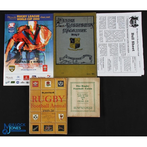 111 - Small Rugby Miscellaneous Lot (5): RFU Handbook 1938-9, Playfair Annual 1949-50, Devon Barbarians Ma... 