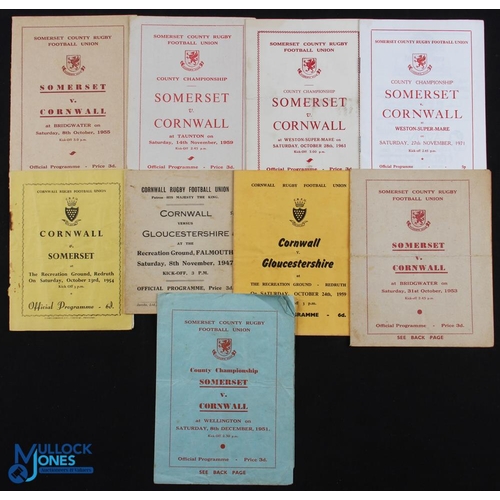 74 - West Country Interest County Rugby Programmes 1947-71 (9): Somerset v Cornwall 1951, 53, 55, 59, 61 ... 