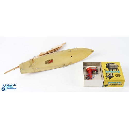 236 - Bowman Racing Yacht, a wooden toy model in good condition, plus a boxed The Sprite electric outboard... 