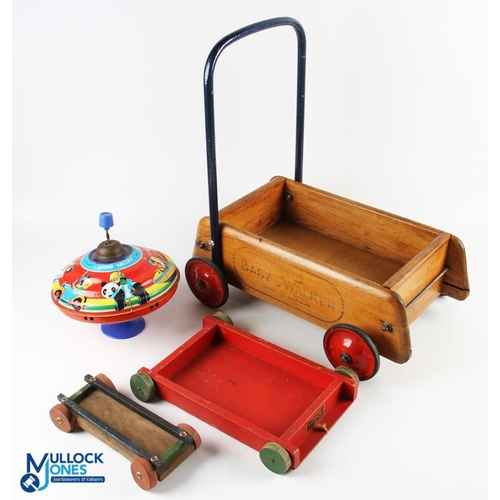 259 - Vintage Tri-ang Baby Walker Push Along Toy with 2 wooden brick trolleys and a tinplate Chad Valley s... 