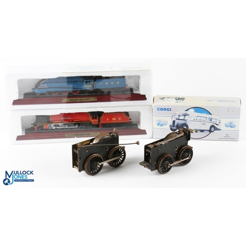 30 - 2x O Gauge Bassett Lowke Clockwork Motors, with Atlas models of Mallard and Duchess LMS, and a Corgi... 