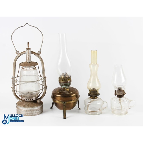 351 - 4x Period Oil Lamp Kerosene Burnes, to include a Vertas storm lantern 2 clear glass oil lamps, a bra... 