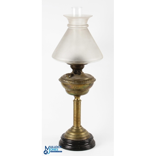 354 - Brass Duplex Oil Lamp, all complete with chimney and shade on a black ceramic base #66cm tall. Colle... 