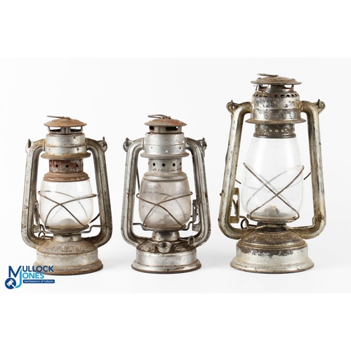 357 - 3x Period Galvanised Hurricane Oil Lamps, 2 made in China by Wang and the largest made by Gremlin #3... 