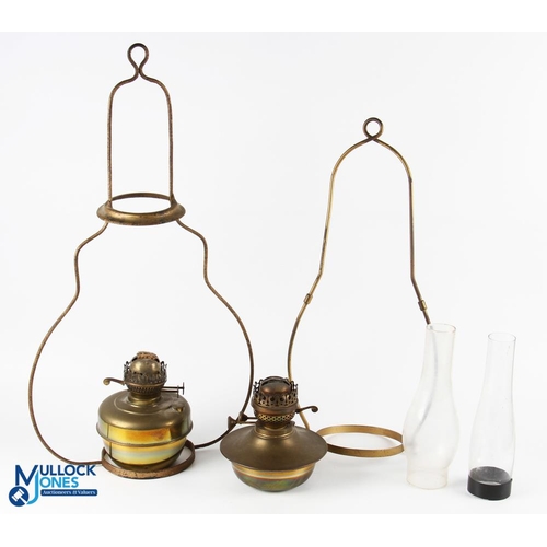 358 - 2x Hanging Oil Lamps, a copper Duplex lamp with matching copper hanger with chimney, plus a gold pai... 