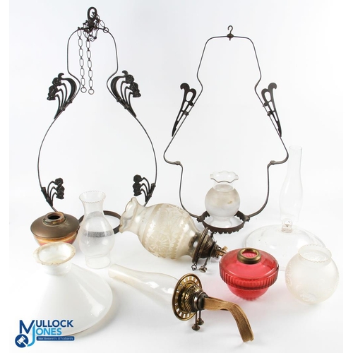 359 - Period Oil Lamp Spare Parts, to include a good cut glass cranberry reservoir, a Messenger No.2 burne... 