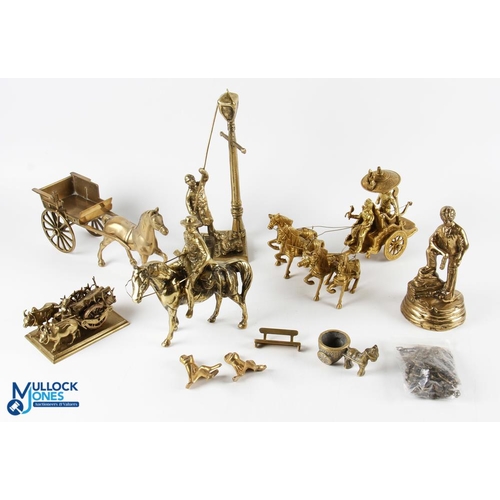 363 - Vintage Brass Figures, a collection to include a miner, mounted cowboy, horse & cart, lamp lighter, ... 