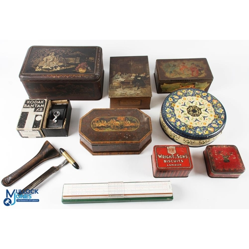 369 - Mixed Collectables, to include period collectors tins, an antique cheese plug tool in leather wallet... 