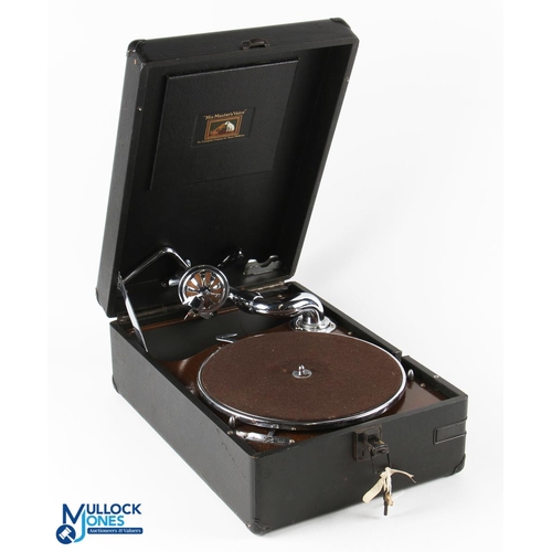 370 - c1930 HMV Wind up Gramophone, in its black case with a compartment for needles, comes with a collect... 