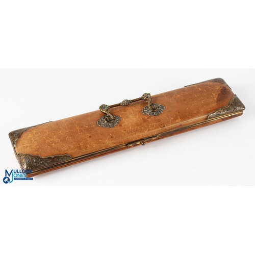 373 - Antique Victorian Concertina Style Leather and Gilt Tooled Glove Box and Stretcher - with fine decor... 