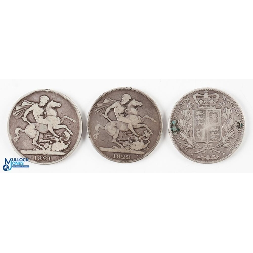 402 - 3x Silver Crown Coins - George IIII (IV) 1821 and 1822, with Victoria 1844, all with wear (3)