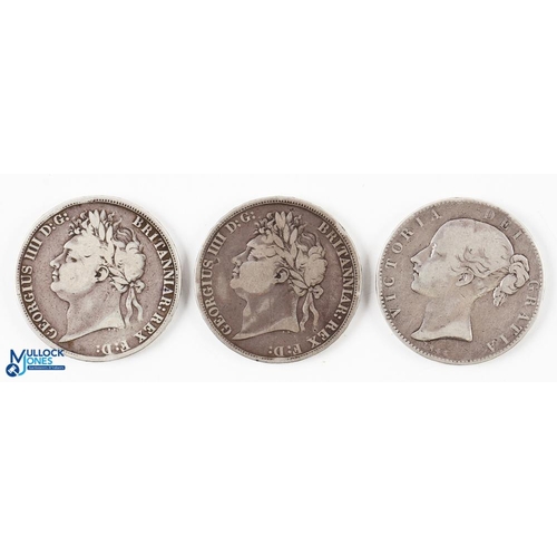 402 - 3x Silver Crown Coins - George IIII (IV) 1821 and 1822, with Victoria 1844, all with wear (3)