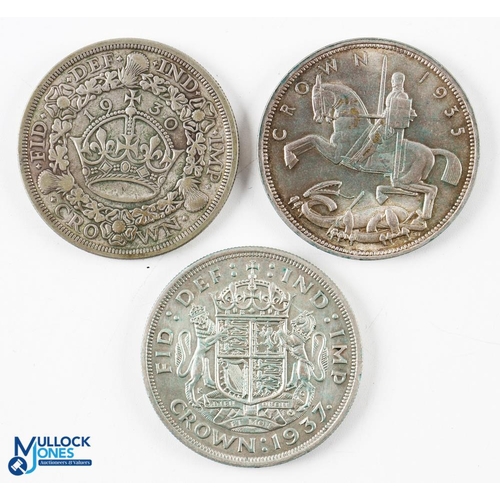 406 - George V / VI Silver Crown Coins (3) - 1930 wreath crown, 1935 rocking horse crown and another 1937 ... 