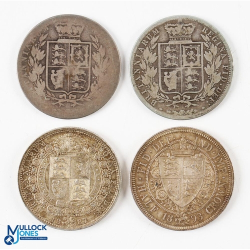 411 - Queen Victoria Half Crown Coins (4) - 1874 and 1883, both worn with 1887 and 1893, both in F/F+ cond... 